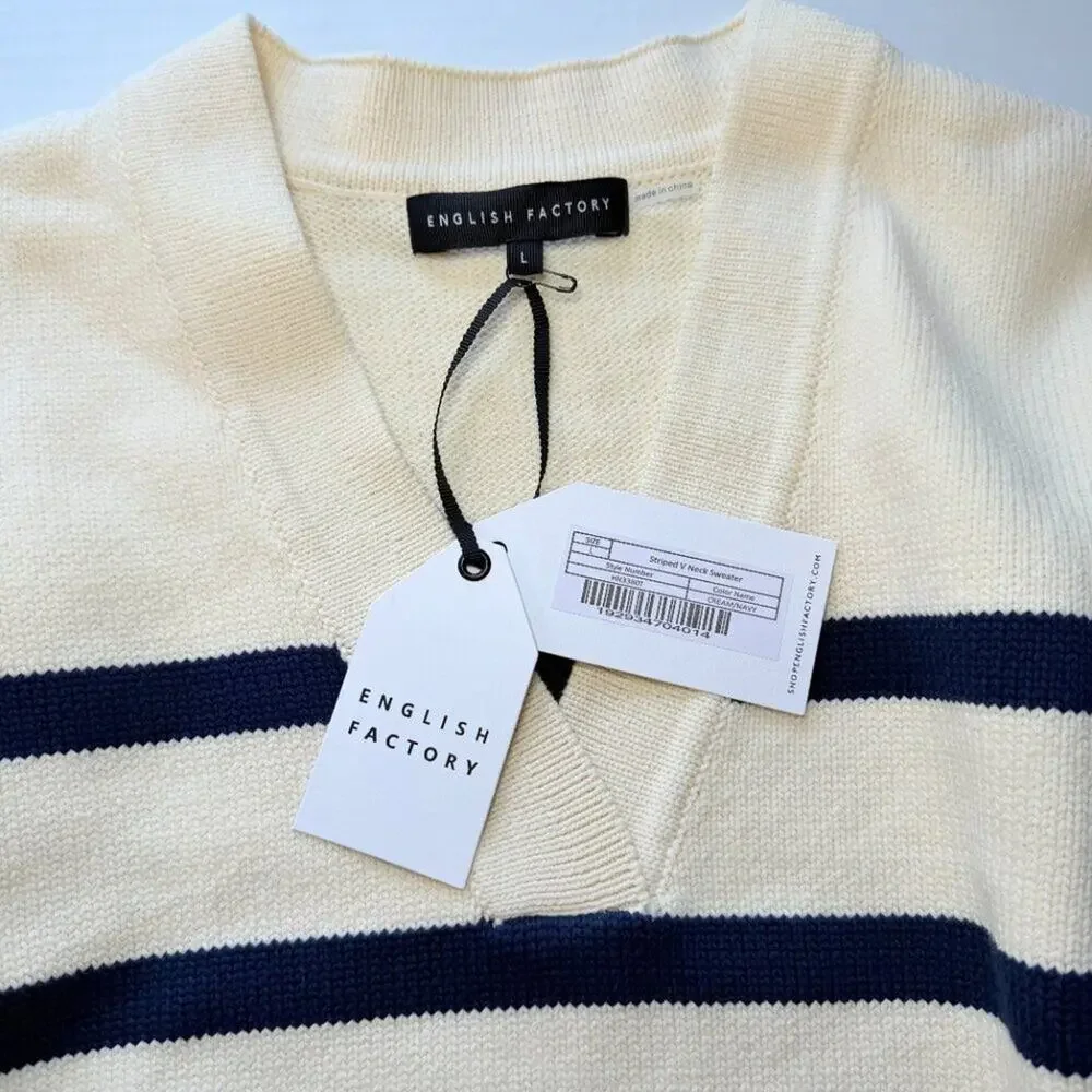 English Factory Striped Sweater Large Navy Cream V Neck Coastal Preppy NWT